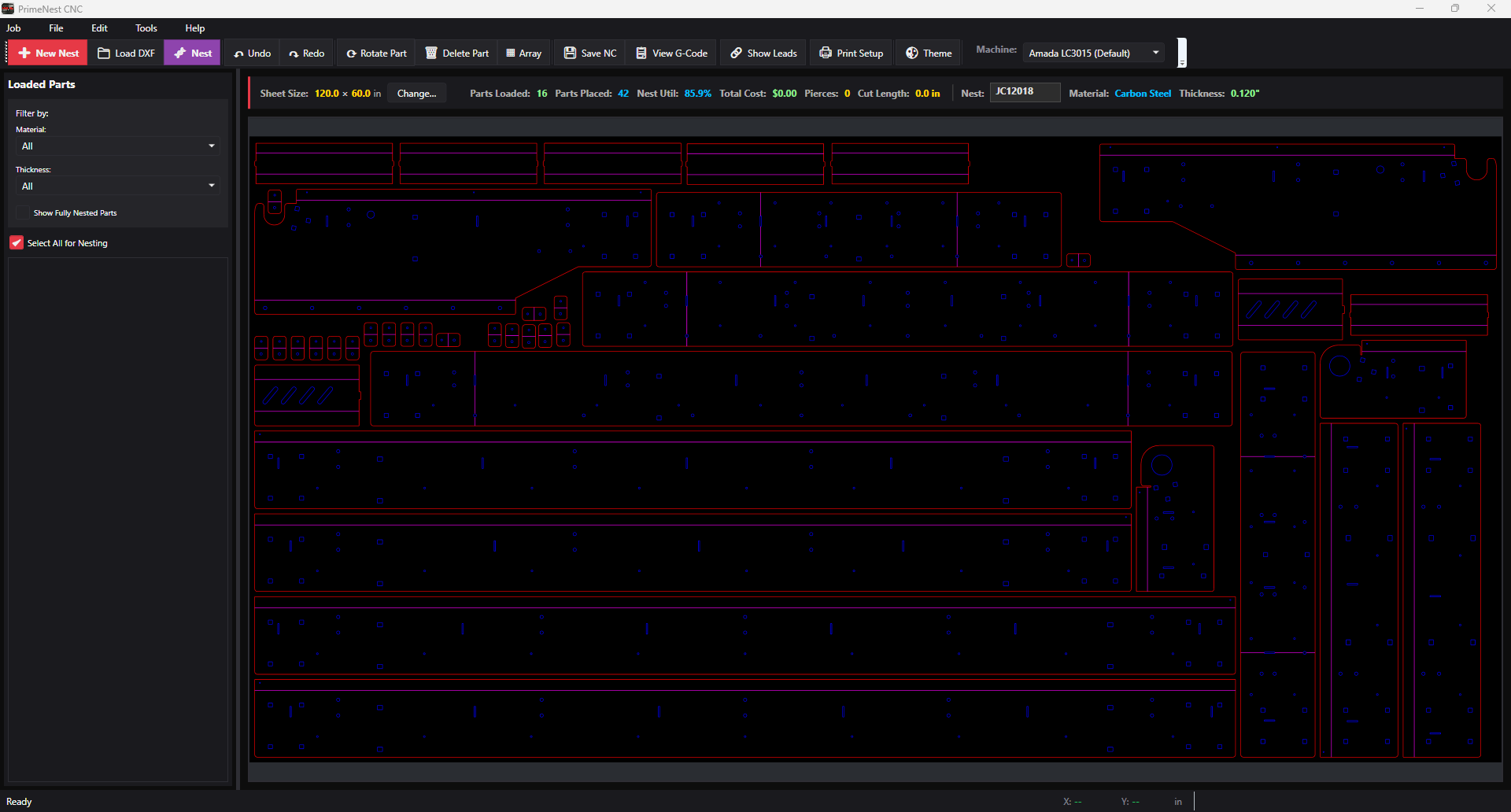 PrimeNEST nest view showing 42 parts placed on a 120 x 60 inch carbon steel sheet at 85.9% utilization